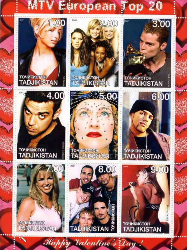 Tajikistan 2001 Happy Valentine's Day Spice Girls/Madonna/R.Williams Shlt (9)