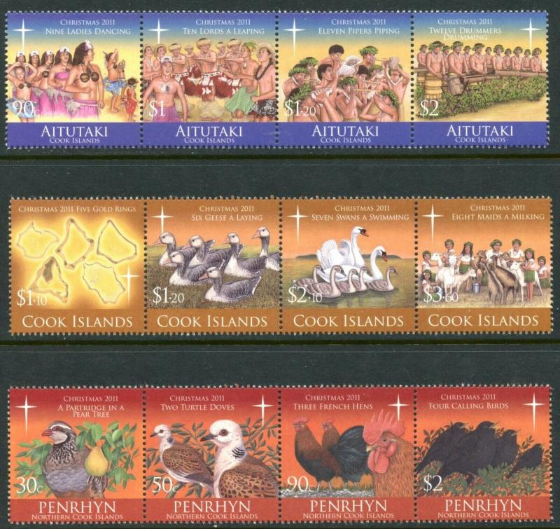 COOK ISLANDS 2011 Twelve Days of Christmas CPL Set of 3 Strips OG Mint NH