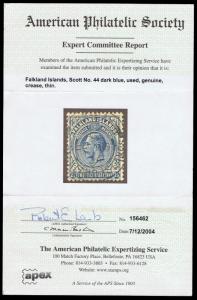 GENUINE FALKLAND ISLANDS SCOTT #44 USED WITH APS CERT - PRICED TO SELL