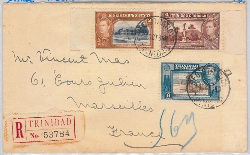40155-TRINIDAD &TOBAGO postal history-REGISTERED COVER to FRANCE 1938-PETROL OIL