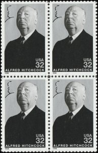 1998 Alfred Hitchcock Block of 4 32c Postage Stamps, Sc# 3226, MNH, OG