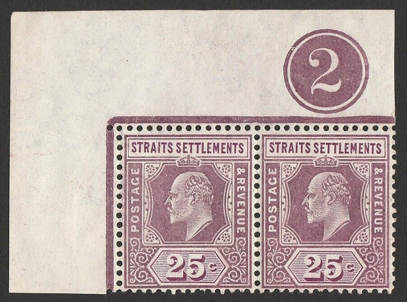 MALAYA - STRAITS SETTLEMENTS 1904 KEVII 25c pair plate 2, wmk mult crown. MNH **