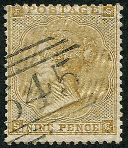 GB 1862 9d sg87 straw very fine used, crisp 545 Newcastle-on-Tyne numeral fres