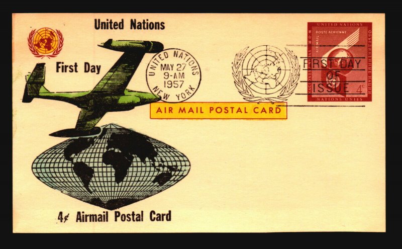 UN 1957 4c Postal Card FDC / Hand Colored Cachet - L3772