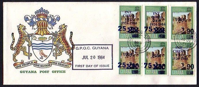 Guyana, Scott cat. 764 A, 768 A, 771 A. Int`l Chess Fed. on UNESCO, F. D. C.