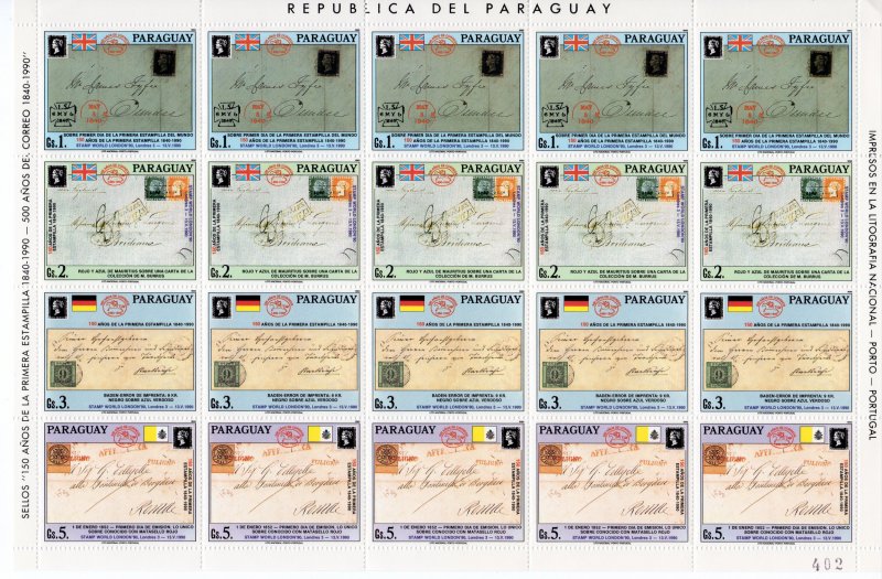 Paraguay 1990 150th.Annv.First Stamp Shlt (20) mnh Sc # 2328