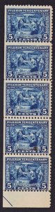 US 550 5¢ Pilgrim Strip of 5 Plate Marker Bottom Left Mint Never Hinged 1920