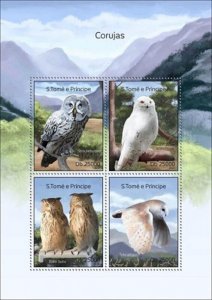 St Thomas - 2014 Birds of Prey Owls   4 Stamp Sheet ST14315a