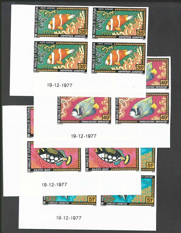 Wallis & Futuna 1978 Fish set, IMPERF, as sg278/81 in um corner blocks of 4