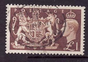 Great Britain-Sc#289-used 1pound light red brown KGVI Royal Arms-1951-