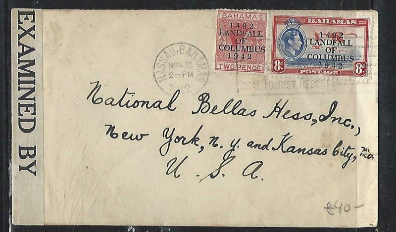 BAHAMAS   (P2808B)  1942  KGVI LANDFALL COLUMBUS 2D+8D CENSOR TO USA