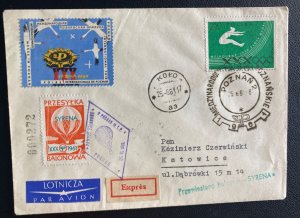 1961 Poznan Poland Balloon Flight Airmail Cover Katowice Special Label