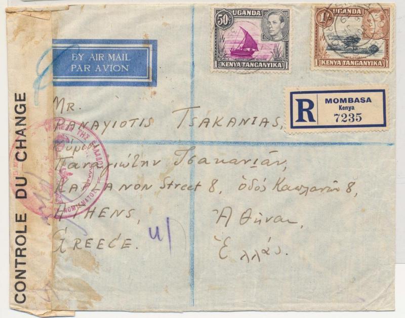 KUT (BRITISH) TO GREECE 1939 CENSOR(GREEK) COVER REG. MOMBASA, 1sh90c (SEE BELOW