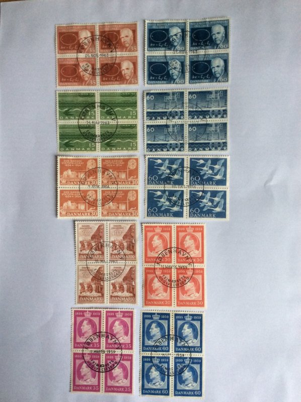 Denmark x10 blocks of 4. Used unhinged. Lot E