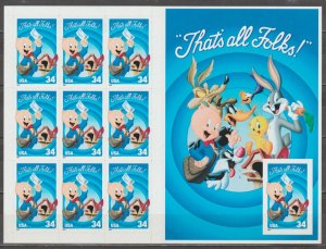 3535, Pane of 10 -Blk of 9 W/one IMPERF. Single.  Porky Pig  MNH.