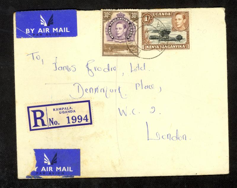 KUT UGANDA 1953 KGVI Flown Regsitered Cover KAMPALA to Great Britain 30c & 1sh