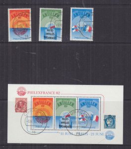 NETHERLANDS ANTILLES, 1982 PhilexFrance Exhib. set of 3 & Souvenir Sheet, used.