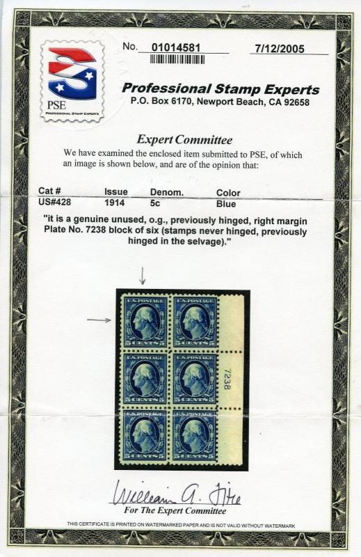 U.S. Scott 428 5 Cent Picturing George Washington in VF MNH w/PSE Cert.