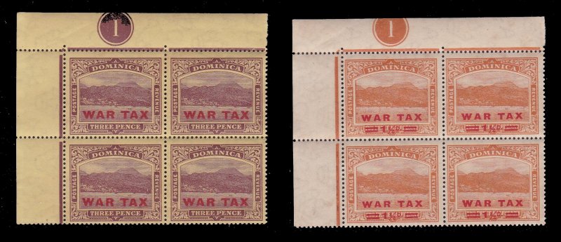 Dominica MR4 MR5, MNH Corner Blocks of 4 - War Tax