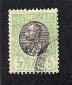 Serbia 1905 5p yellow green & black Peter I, Scott 88 used, value = 25c