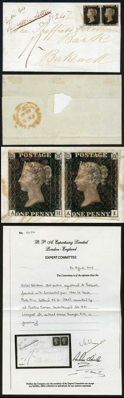 Penny Black (AH/AI) Plate 9 PAIR (Unique) on REGISTERED COVER BPA cert