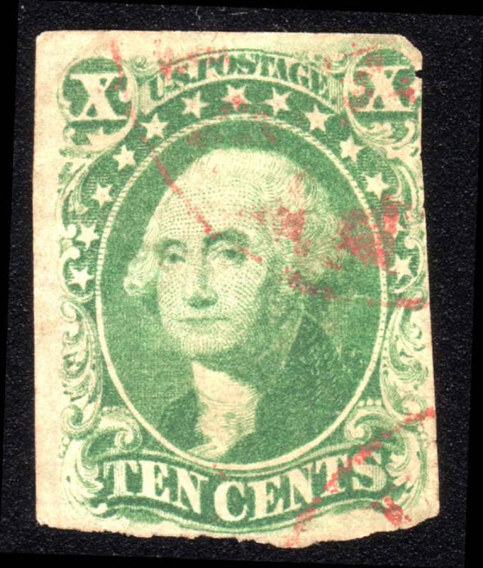 US 10c Imperf Washington #16 Ty IV Red Cancel (DM6r) 