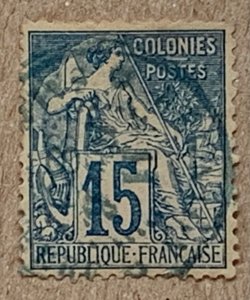 French Colonies 1881 15c Commerce, used nice cancel. Scott 51, CV $3.25