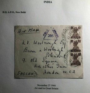 1944 Army Post Office New Delhi India Airmail Censored Cover To London England