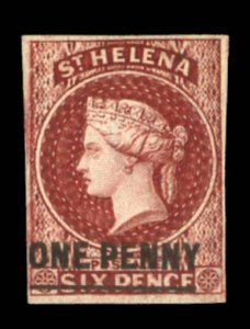 St. Helena #8 Cat$150, 1863 1p on 6p brown red, hinged