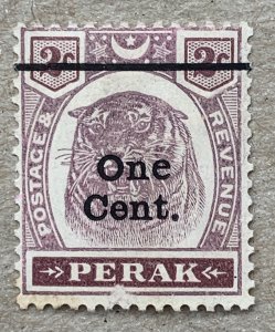 Perak 1900 1c on 2c Tiger. Antique e in One. Scott 62c, CV $65.00. SG 81a