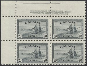 Canada #271 20c Peace issue Harvesting UL Plate 1 Block Mint F-VF NH