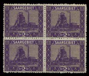 Saar #114 (Mi. 95) Cat€56, 1922-23 2fr deep violet, block of four, never hinged