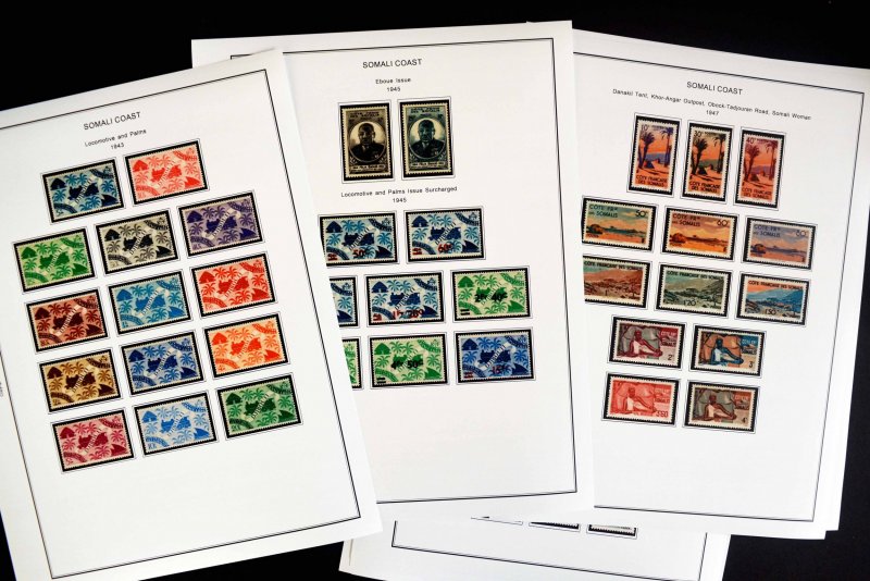 COLOR PRINTED SOMALI COAST 1894-1966 STAMP ALBUM PAGES (40 illustrated pages)