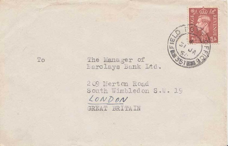 Great Britain 1 1/2c KGVI 1950 Field Post Office, 351 Germany to London, Engl...