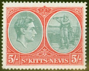 St Kitts & Nevis 1945 5s Bluish Green & scarlet SG77bd Break in Oval at Left ...