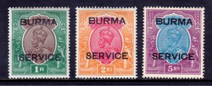 BURMA — SCOTT O11, O12, O13 — 1937 KGV 1r, 2r, 5r OFFICIALS — MH — SCV $285