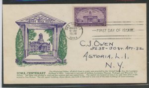 US 838 (1938) 3c Iowa Centenary (single) on an addressed First Day cover with a cachet craft/Heyl cachet