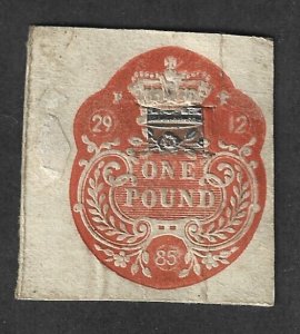 Great Britain 1 Pound Embossed 12-29-1885 Revenue Stamp & VR Revenue Stamp