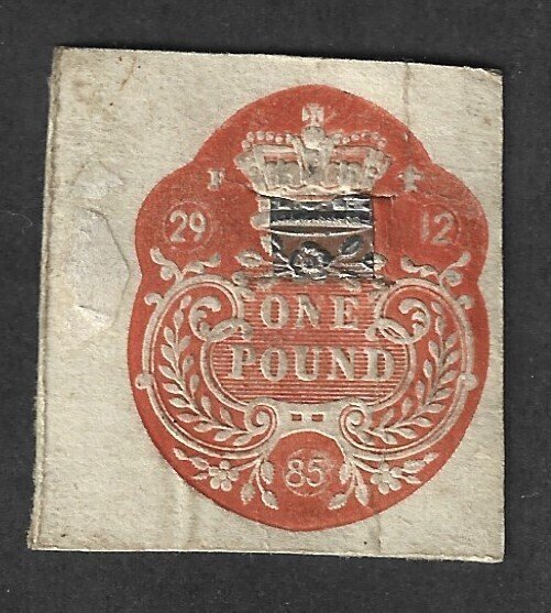 Great Britain 1 Pound Embossed 12-29-1885 Revenue Stamp & VR Revenue Stamp