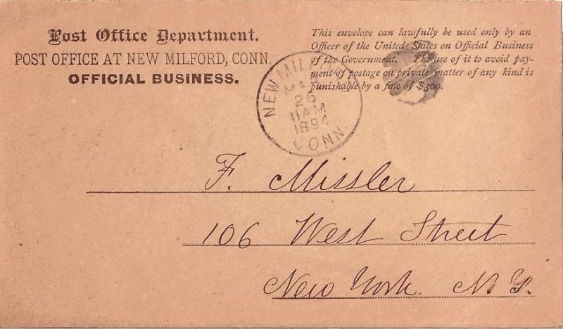 United States Connecticut Milford c1894 cork killer  Post Office Department P...