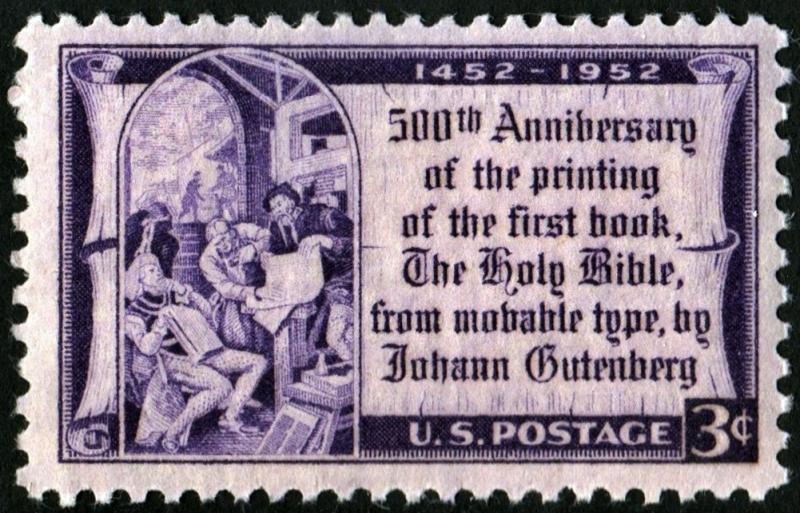SC#1014 3¢ Gutenberg Bible, 500 Years Single (1952) MNH