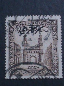​INDIA-HYDERABAD 1934 SC#O48  89 YEARS OLD- CHAR MINAR .FANCY CANCEL VERY FINE