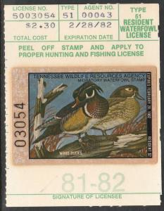 U.S.-TENNESSEE 5, STATE DUCK HUNTING PERMIT STAMP. MINT, NH. VF