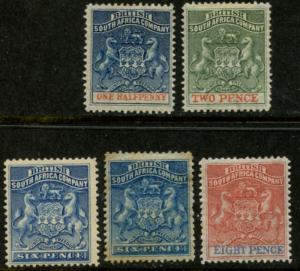 RHODESIA Sc#1, 3, 6-8 SG#2-3, 19-20, 24 1890-91 Arms Mint OG Hinged