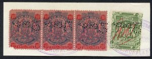 Rhodesia SG12 and SG50 Strip Fiscally used on piece