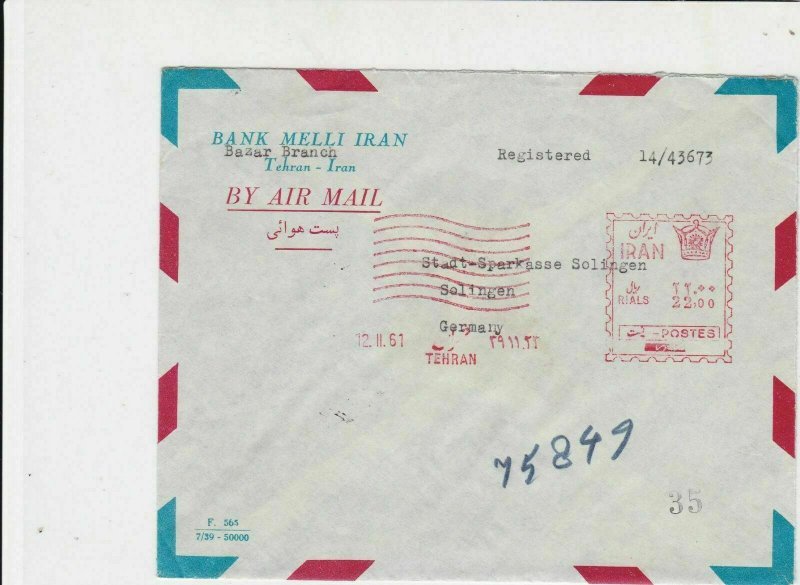 Bank Melli 1961 Machine Cancel Airmail Stamps Cover ref R17617
