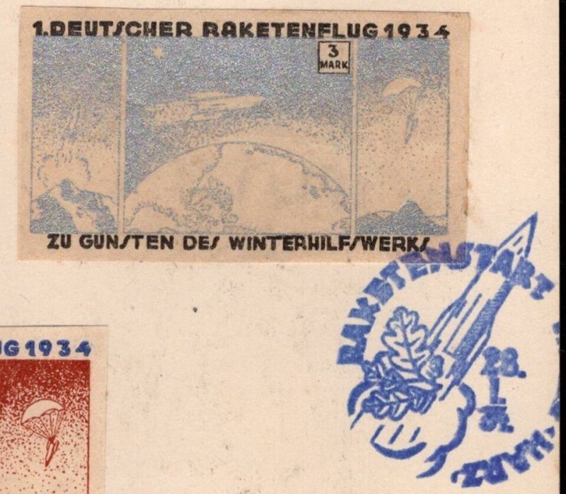 Germany Rocket Mail Tied Etiquette 3 Imperf Issues Blue & Red Cancels Zucker 1h