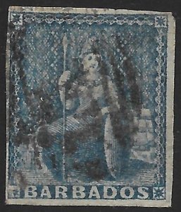 1852-55 BARBADOS, n. 3  (1d.) blu USED PAPER BLUED