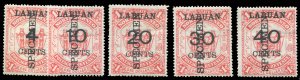 Labuan #58-62s Cat$95, 1895 Surcharges, set of five, overprinted Specimen, hi...