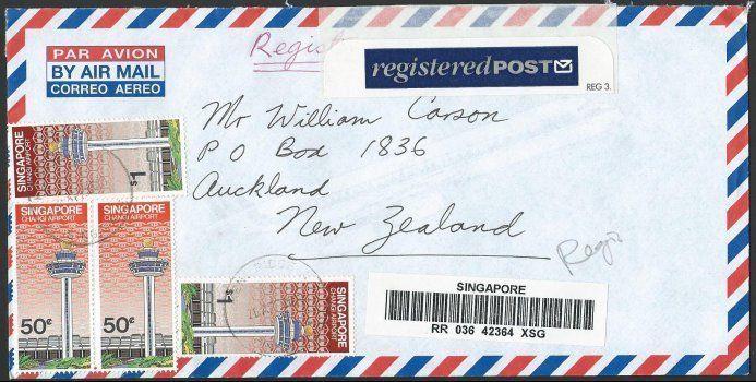 SINGAPORE 2000 Registered cover to New Zealand, KENT RIDGE cds.............11820